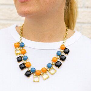 J. Crew Gold-Tone Statement Necklace Blue Black Clear Fluorescent Orange
